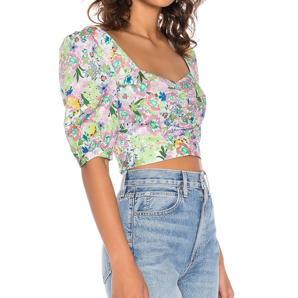 For Love and Lemons Jardine Green Floral Crop Top with Puff Sleeves